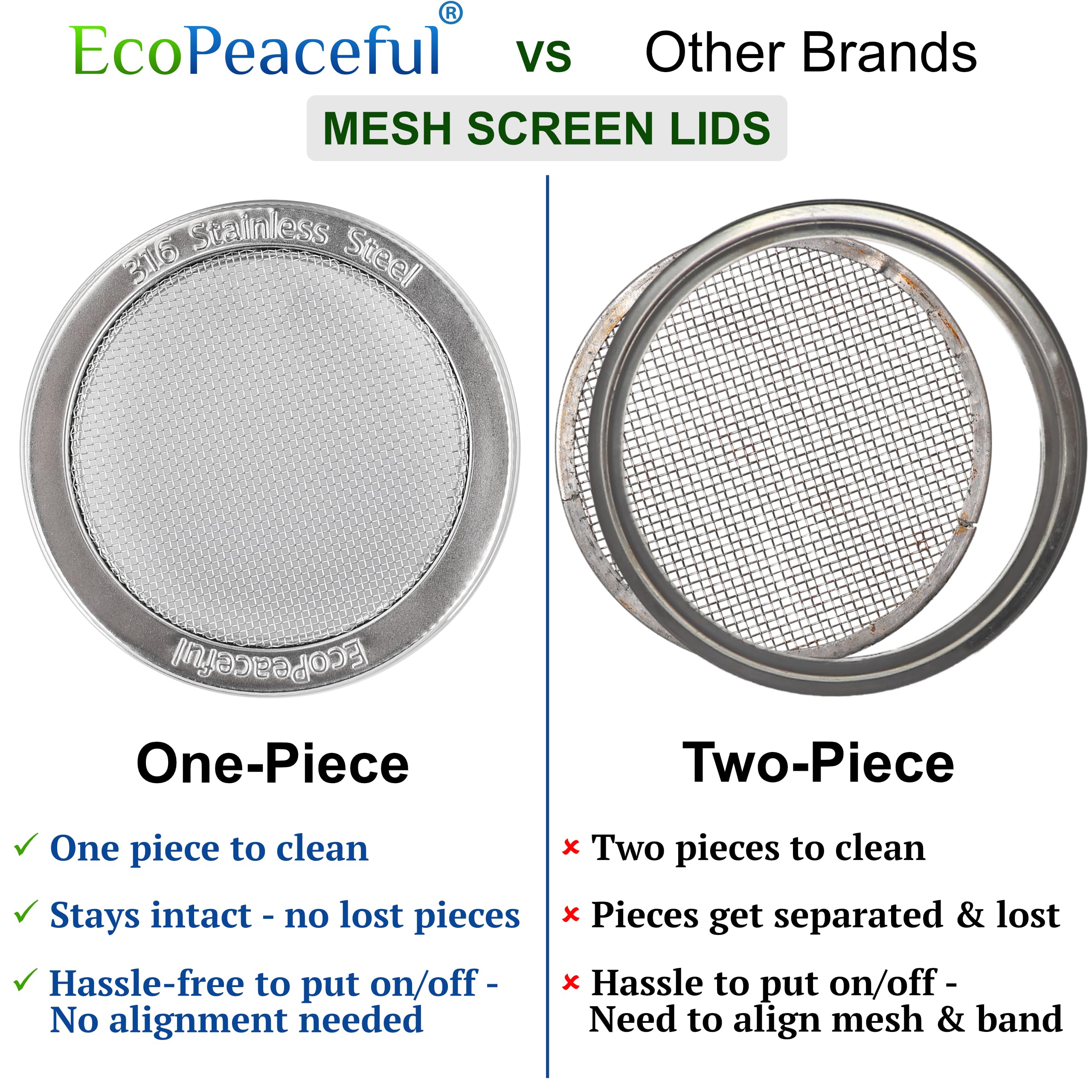 EcoPeaceful tapa de una pieza para frascos boca ancha, fácil drenaje.