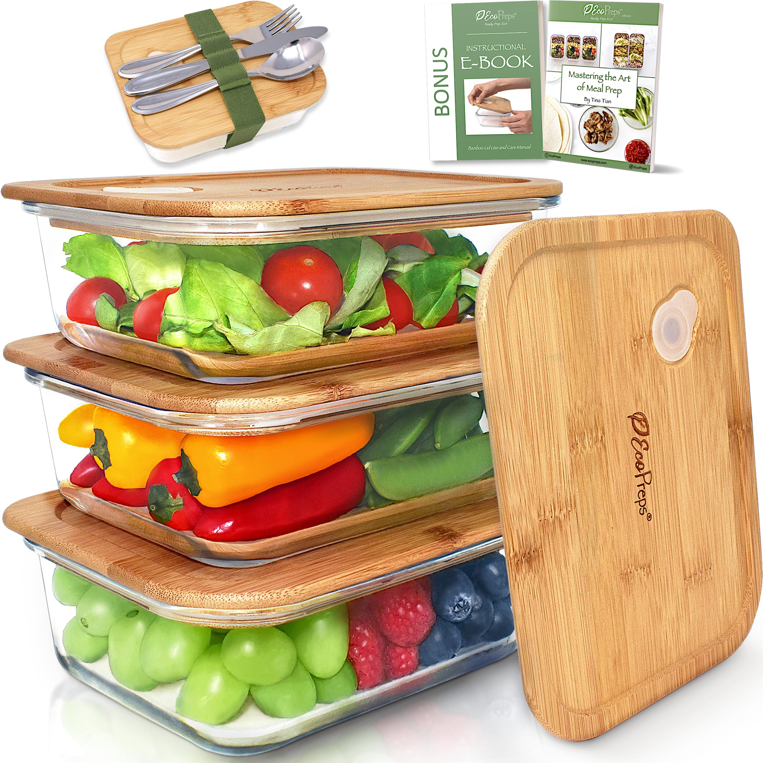 EcoPreps contenedores de vidrio con tapas de bambú para conservar comidas.