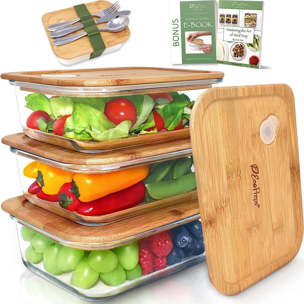 EcoPreps contenedores de vidrio con tapas de bambú para conservar comidas.