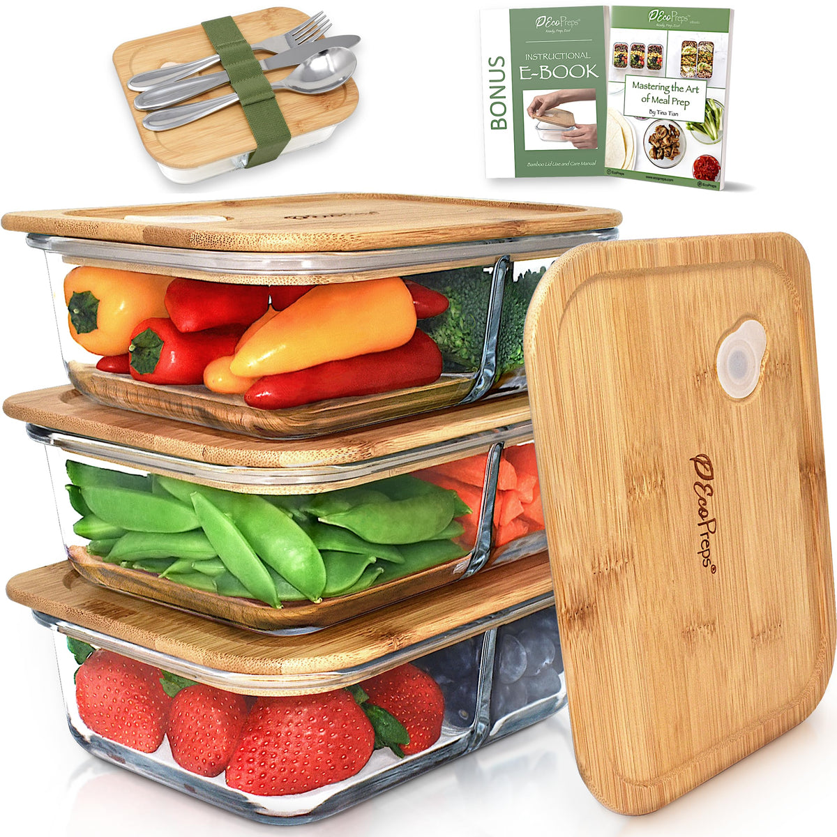 EcoPreps contenedores de vidrio bento con dos compartimentos, ideales para porciones balanceadas.