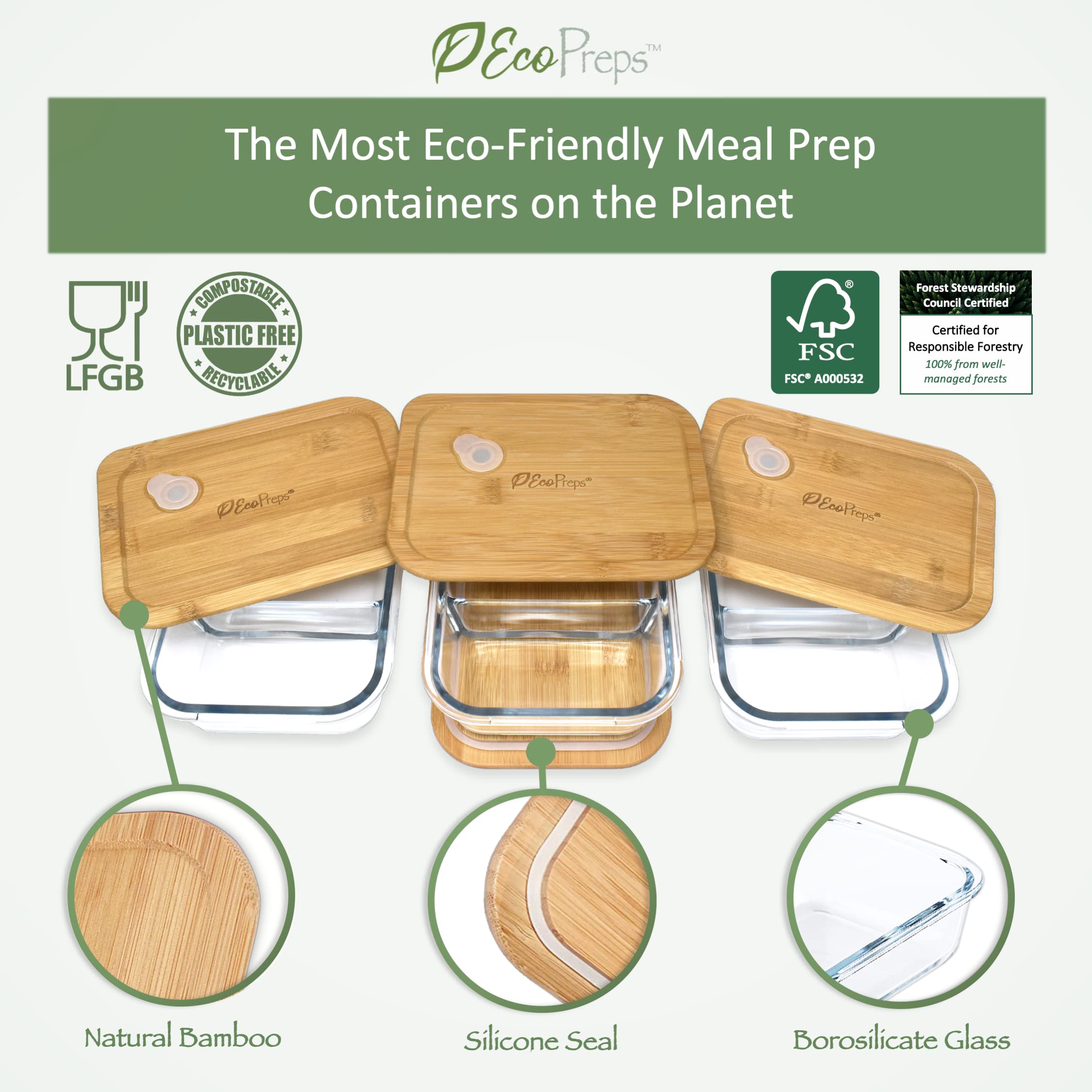 EcoPreps tapa cóncava de bambú apilable para un cierre estable.