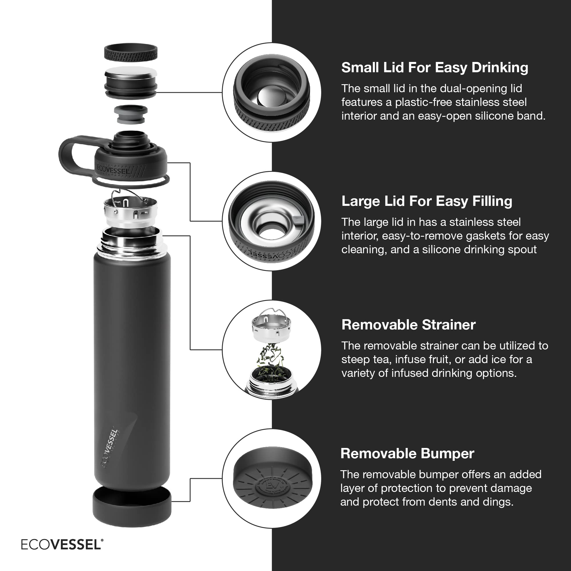 EcoVessel botella con colador integrado, ideal para infusiones o té.
