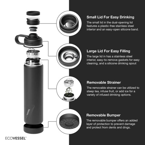 EcoVessel botella con colador integrado, ideal para infusiones o té.