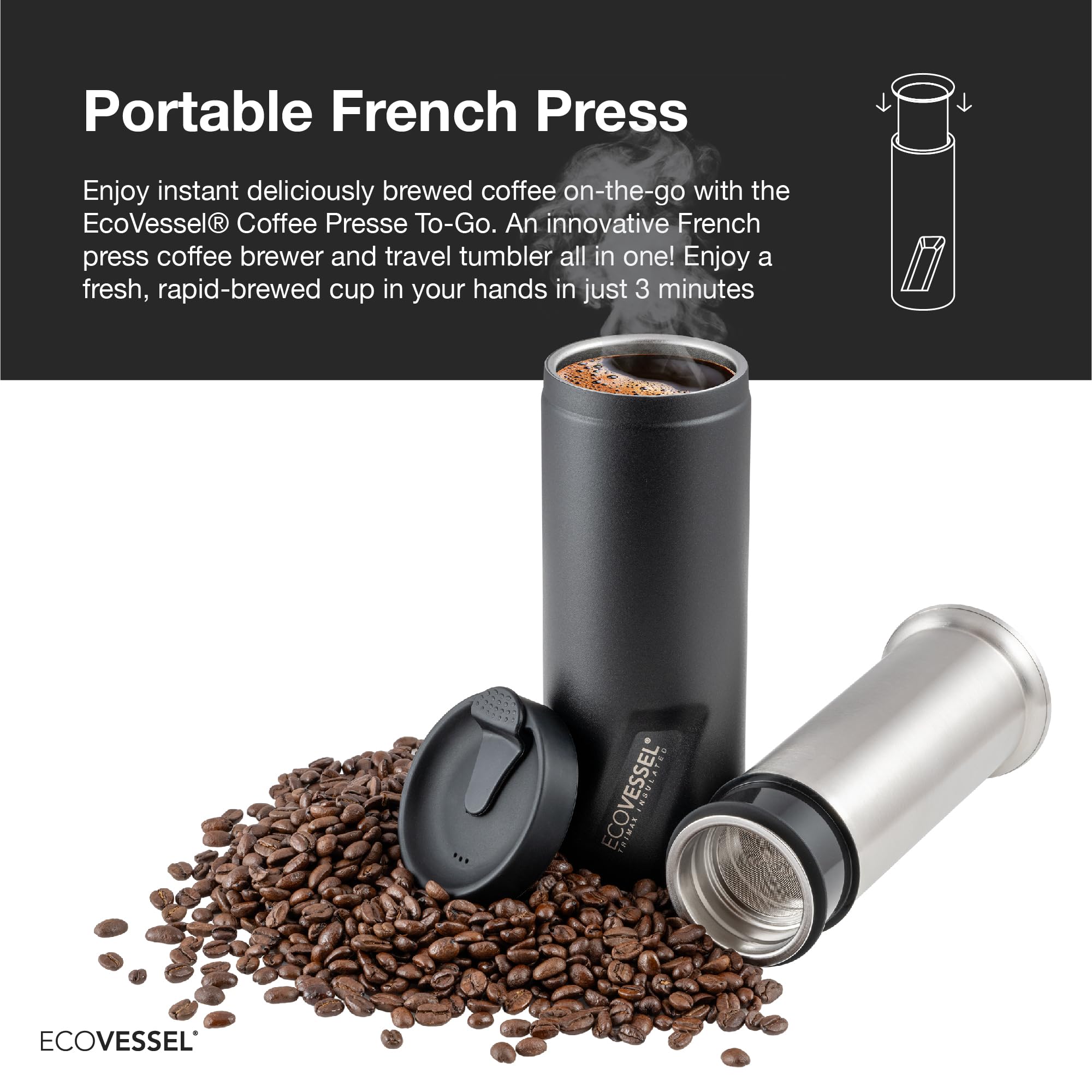 EcoVessel Travel French Press en acero inoxidable mantiene caliente el café.