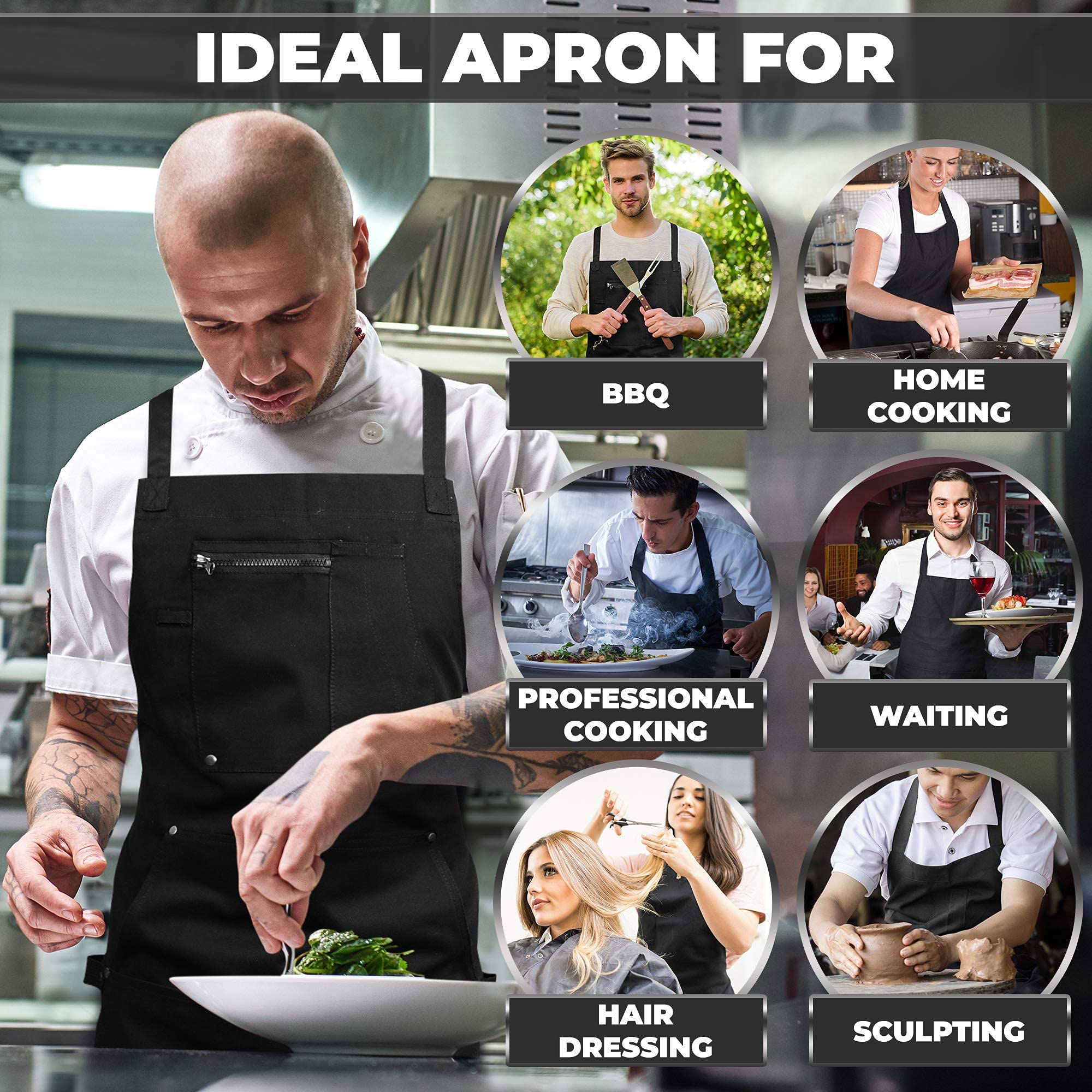 ecoZen Lifestyle delantal de chef con bolsillos prácticos, incluido bolsillo para teléfono con cremallera.