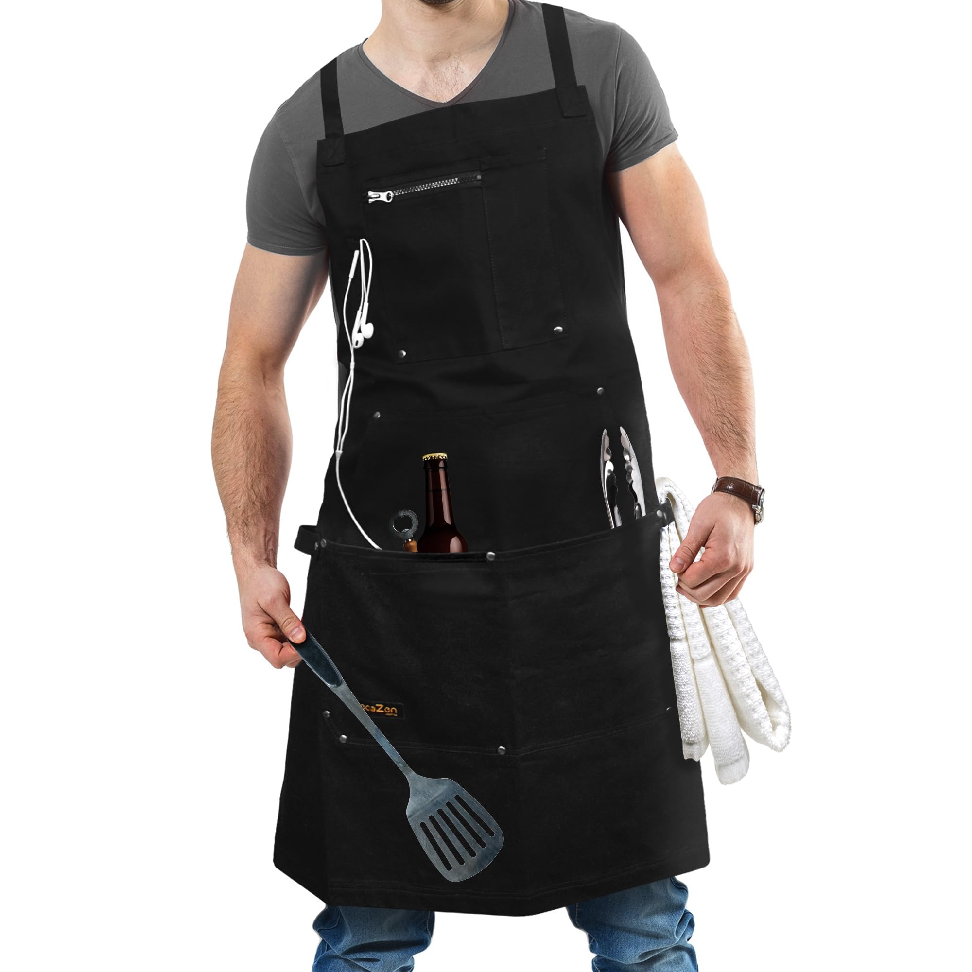ecoZen Lifestyle delantal de chef para hombre muestra durabilidad para uso diario en cocina y barbacoa.