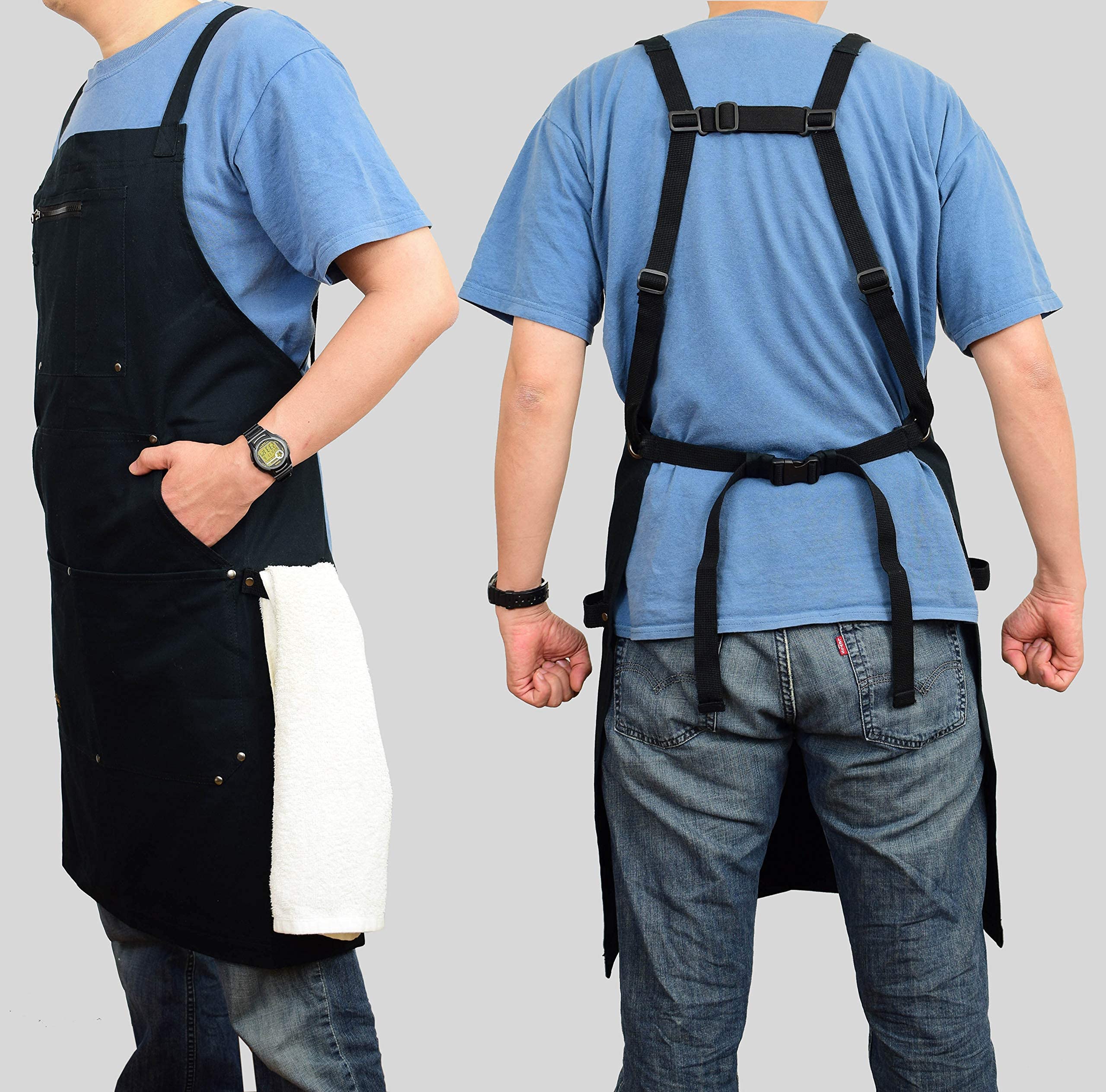 ecoZen Lifestyle delantal de chef con bolsillo para teléfono seguro durante la preparación culinaria.