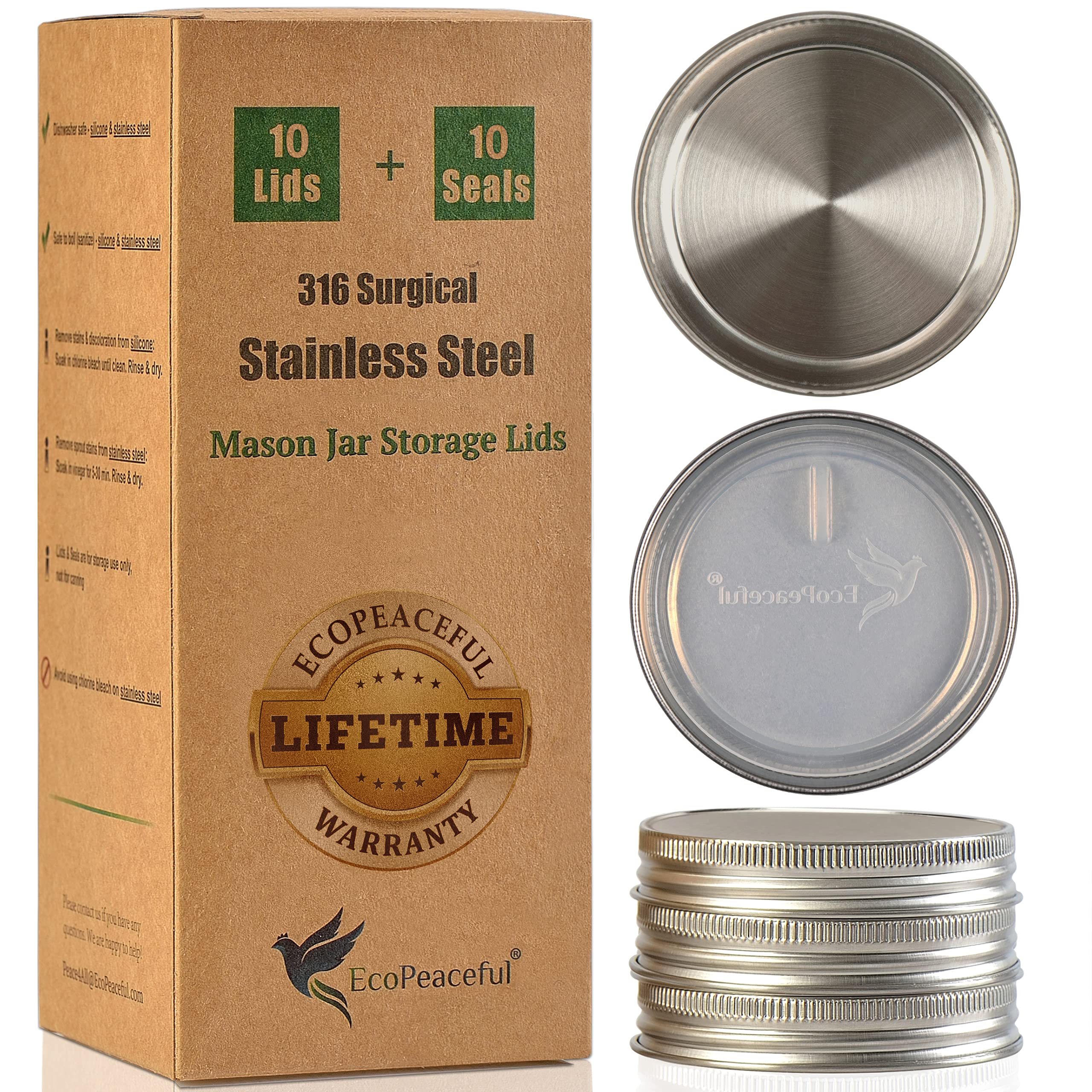 EcoPeaceful tapas para tarro Mason boca regular con junta de silicona, almacenamiento seguro