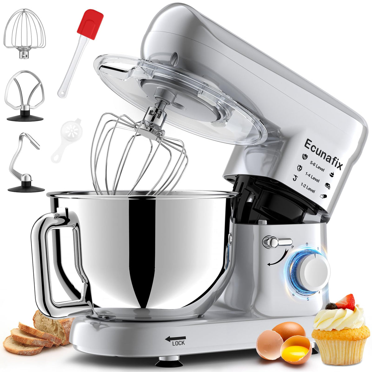 Ecunafix batidora de pie 660W, potencia para masas densas y mezclas suaves.