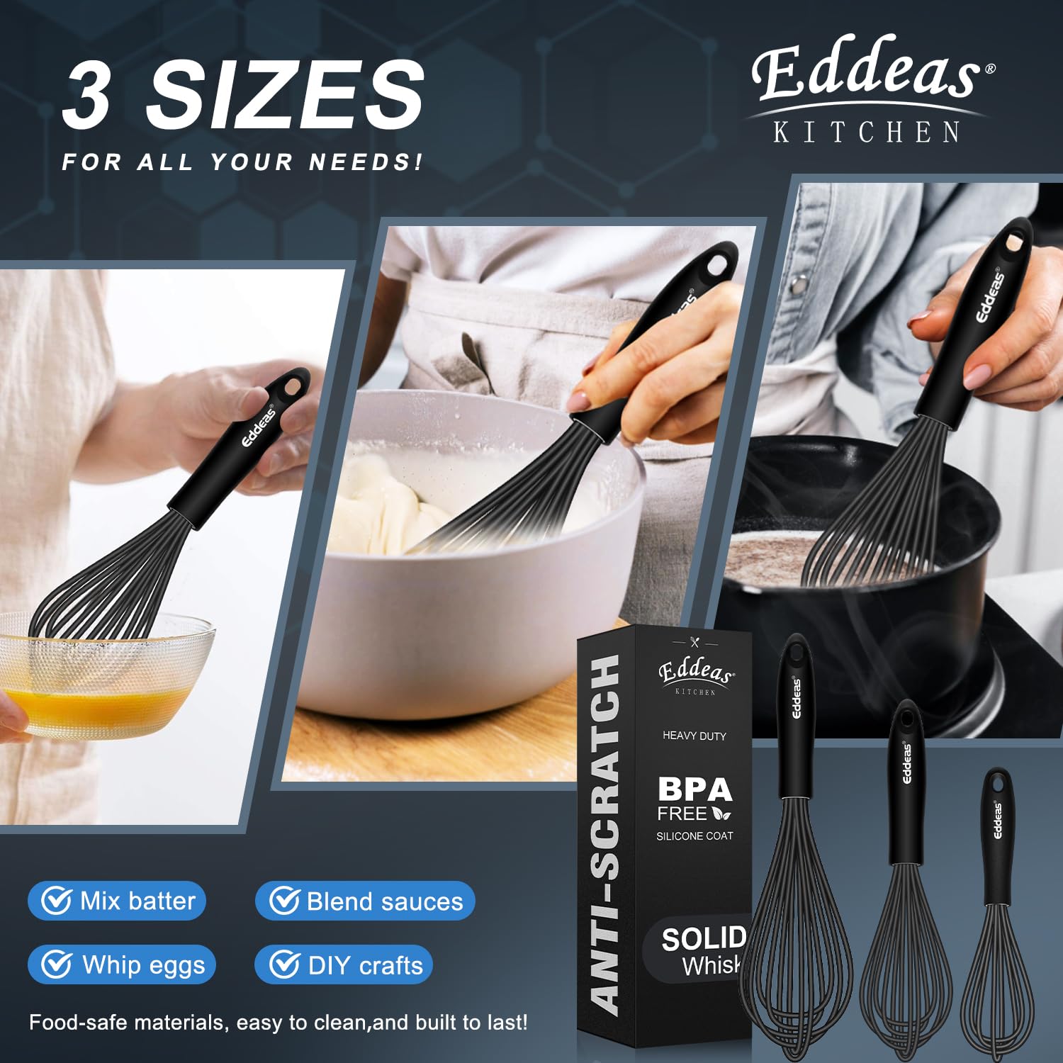 Eddeas batidora para sartenes antiadherentes, ideal para mezclar crema y huevos.