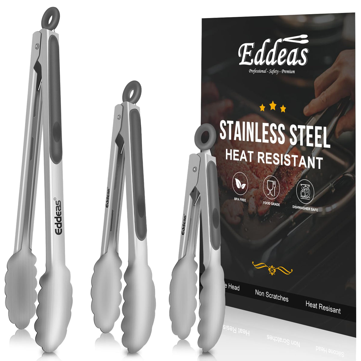 EDDEAS pinzas de 7 pulgadas gris para voltear carne y verduras con precisión.