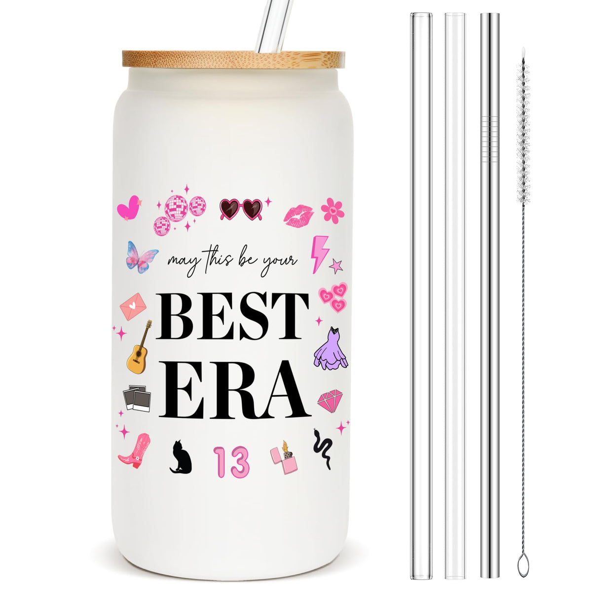 Vaso de cristal Eddirayla 16 oz con tapa y pajillas, ideal para bebidas frías.