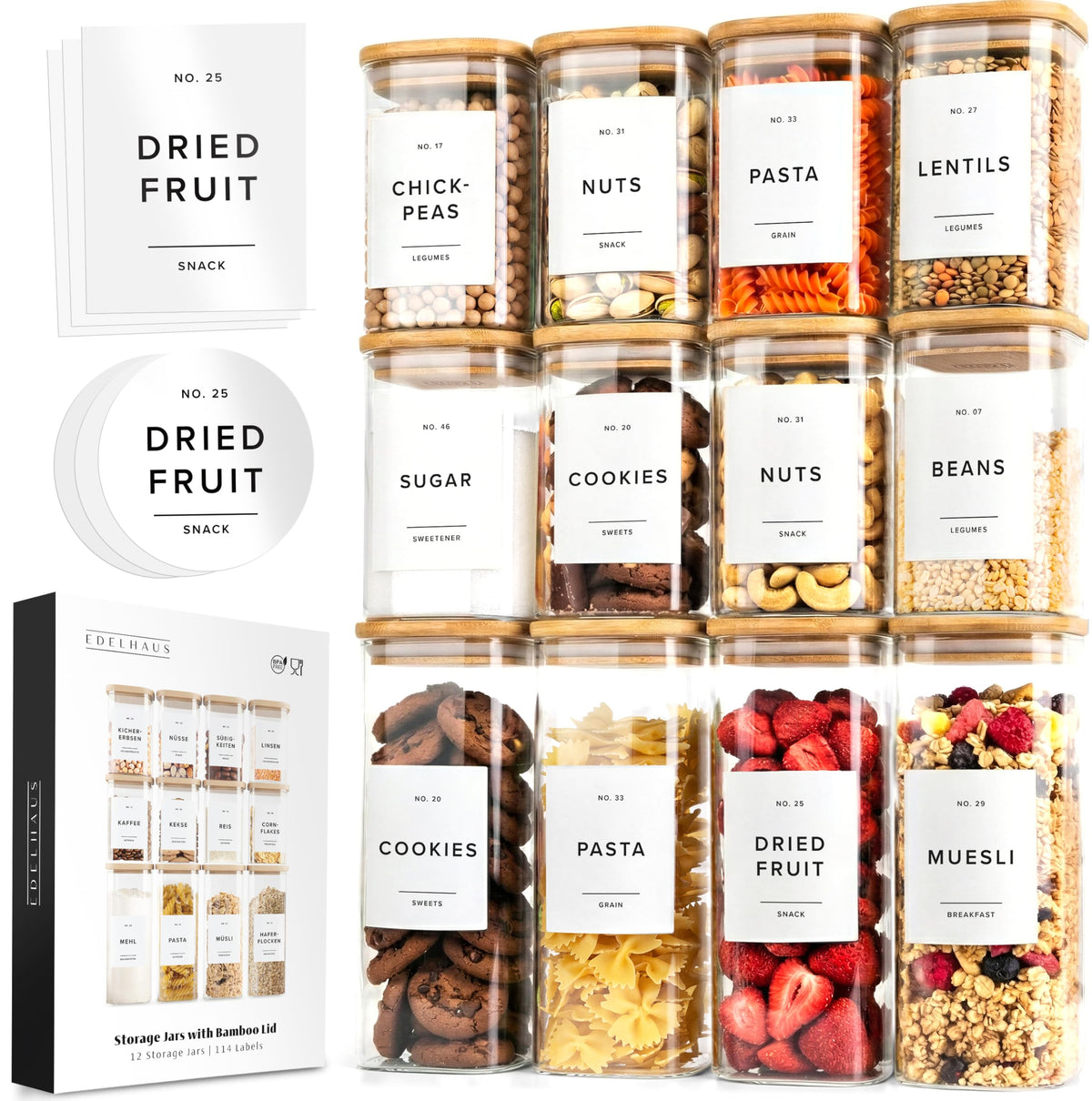 EdelHaus contenedores de vidrio cuadrados con tapas de bambú de 30oz para almacenar comidas.