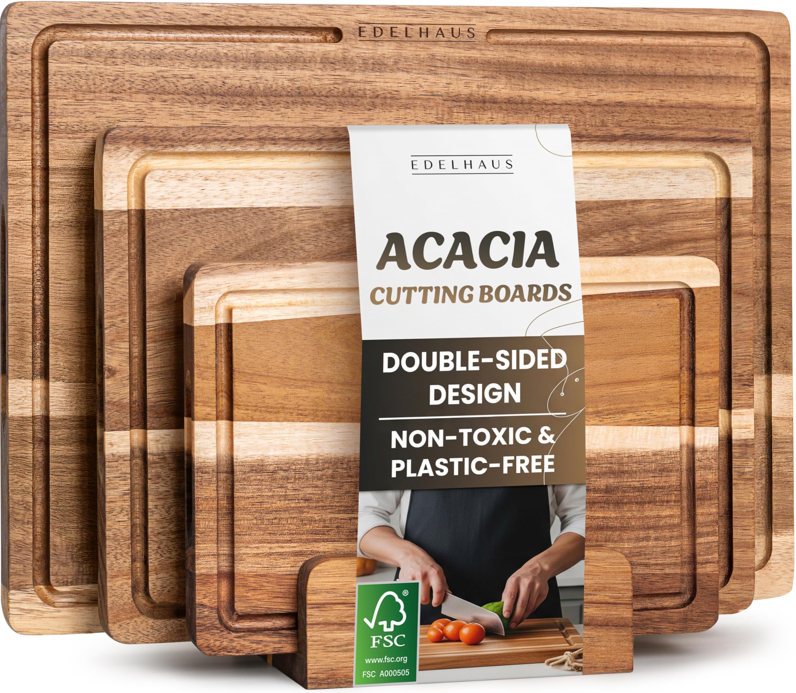 EDELHAUS tabla grande de acacia con canal de jugos, ideal para carnes.