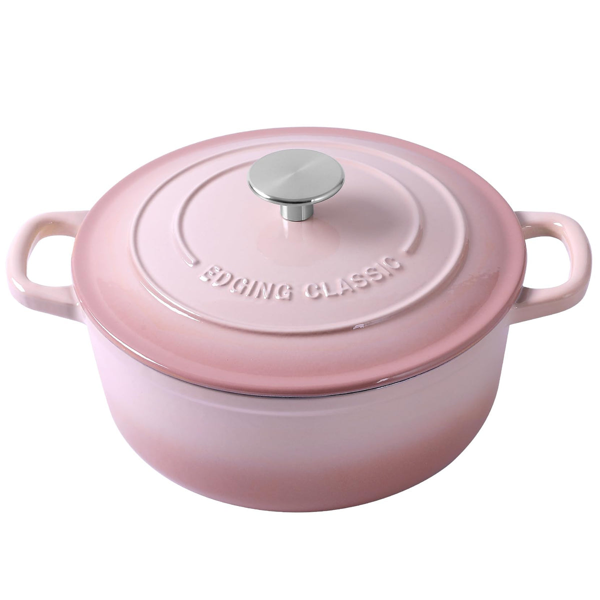 Olla EDGING CASTING esmaltada rosa con tapa redonda para cocción uniforme.