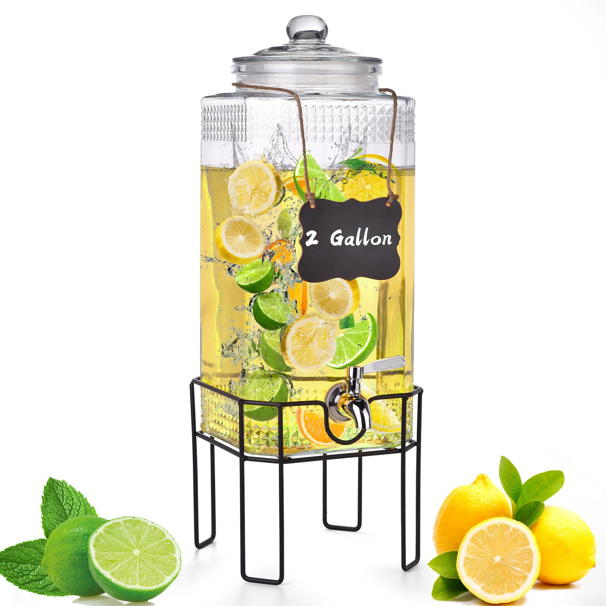 Dispensador Edycur de vidrio de 2 galones, perfecto para bebidas en reuniones.