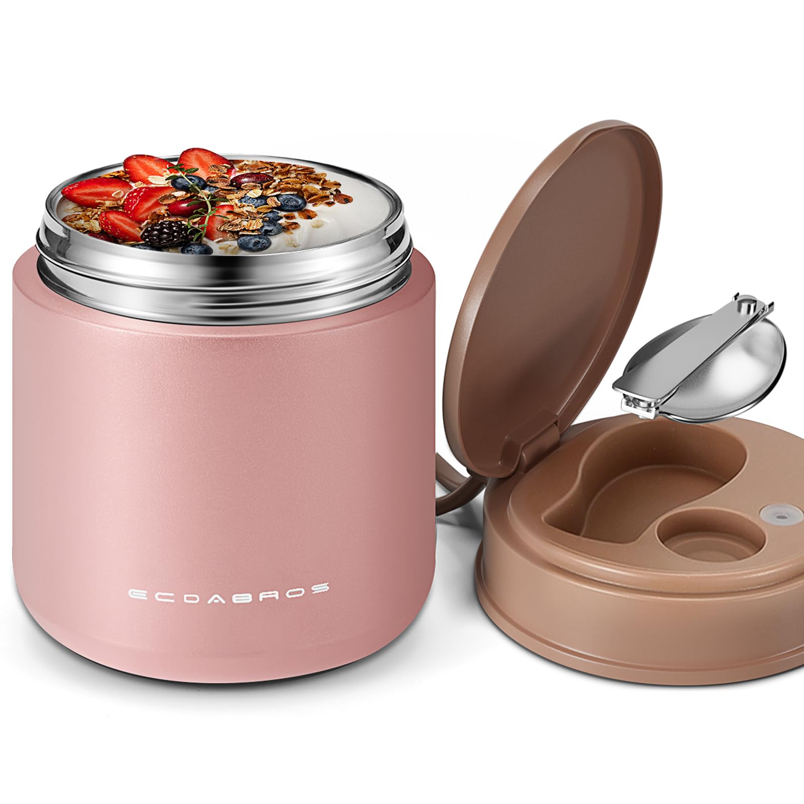 eedabros tarro infantil rosado, vista frontal; mantiene la comida caliente para el almuerzo.