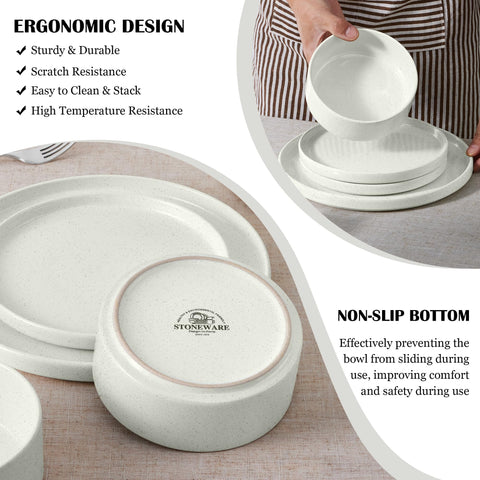 Vajilla E-far: borde recto ergonómico para servir sin derrames.
