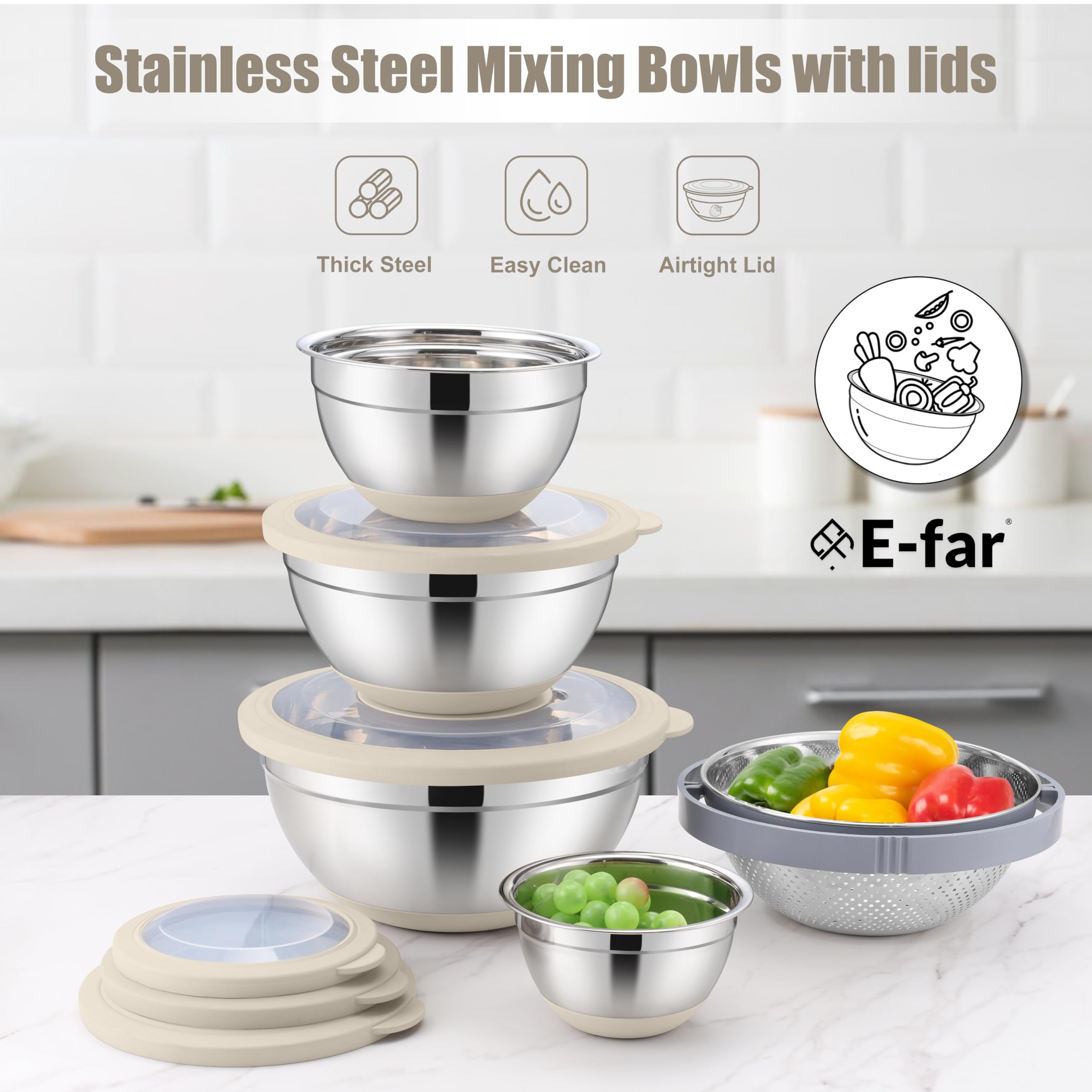 Conjunto de medidas E-far con cinco tamaños para diversas tareas culinarias.