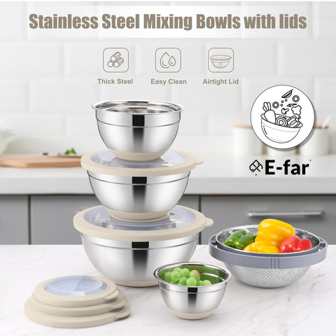 Conjunto de medidas E-far con cinco tamaños para diversas tareas culinarias.