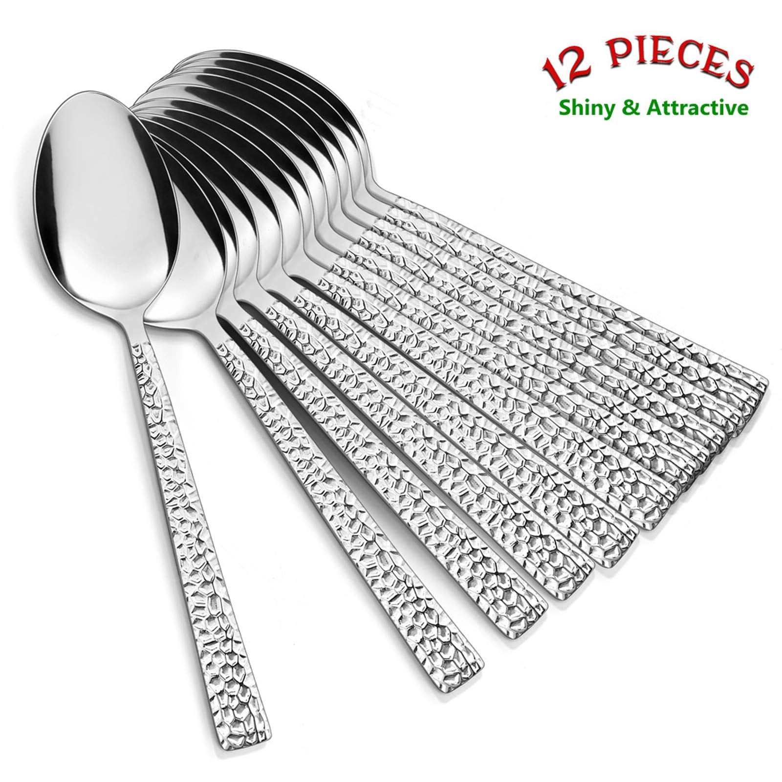 Cucharas de té E-far apiladas, mango cuadrado y acero inoxidable.