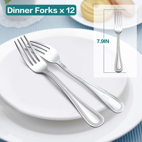Tenedores E-far con diseño perlado y borde decorativo para realzar la mesa.