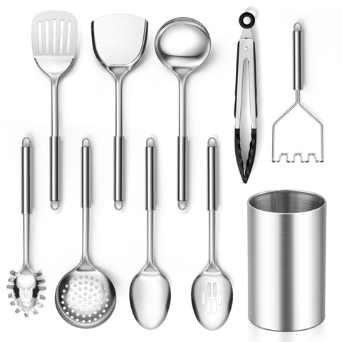 Juego de utensilios E-far con soporte para encimera ordenada.
