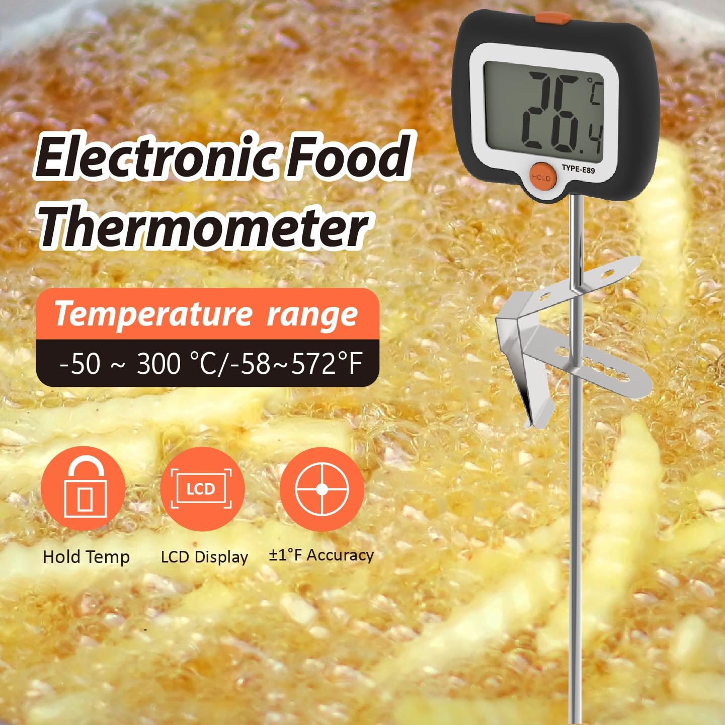Termómetro efengcook con clip para olla, ideal para freír con manos libres.