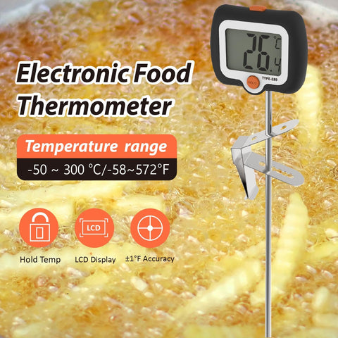 Termómetro efengcook con clip para olla, ideal para freír con manos libres.