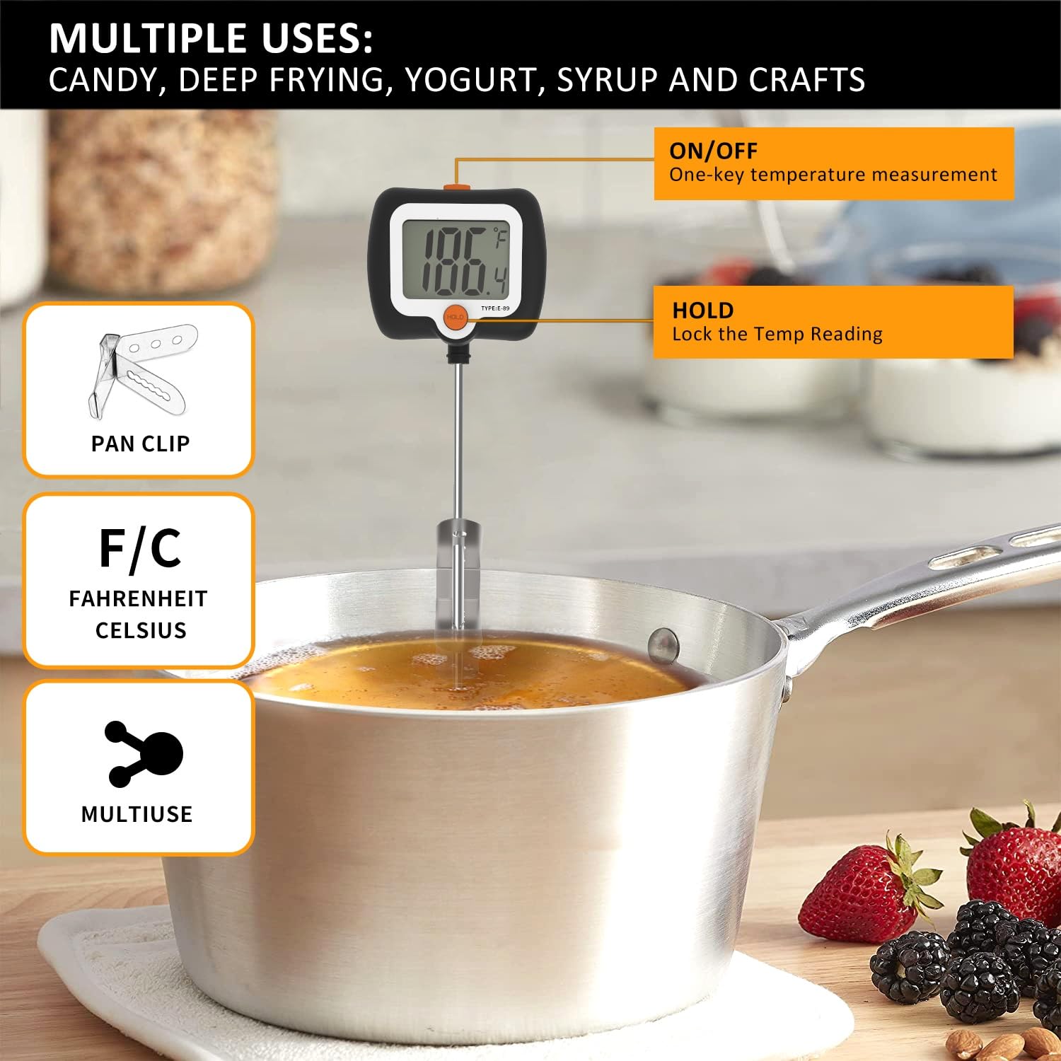 Termómetro efengcook diseñado para hacer dulces y caramelizar con precisión.