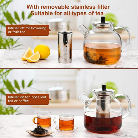 Ehugos tetera cristal infusor de acero inoxidable removible para mayor control.