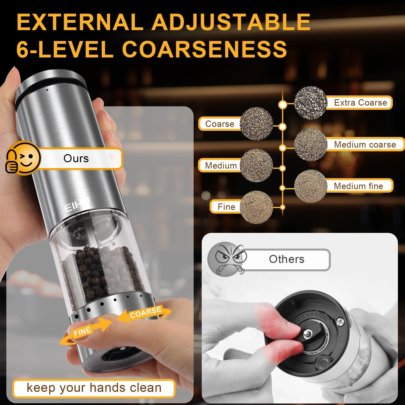 EIHO molinillo sal pimienta capacidad 95 ml con cuerpo transparente para ver especias