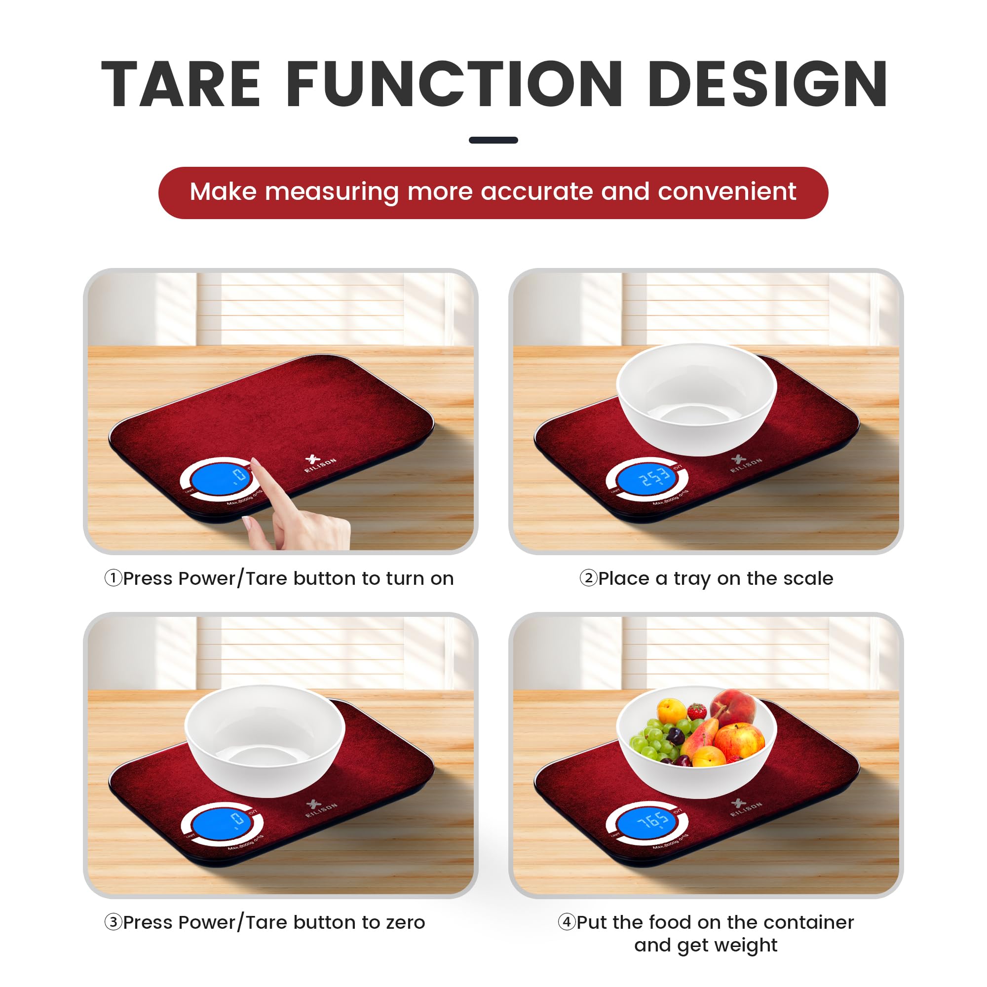 Función tara rápida para porciones limpias y eficientes.
