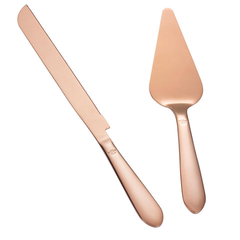 Cuchillo para pastel Eisinly con acabado oro rosa, ideal para bodas y presentaciones elegantes.