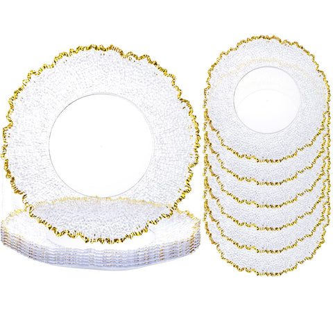 Platos cargador transparentes de ejonirinjonir con borde dorado para mesa elegante.