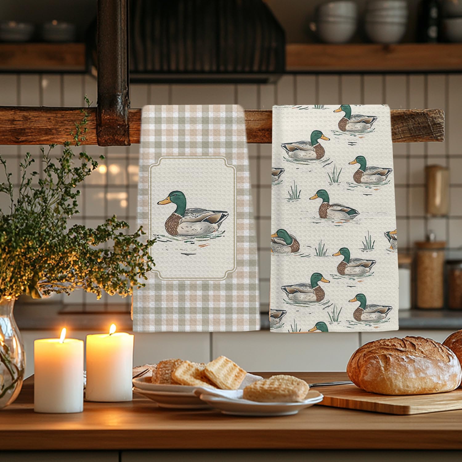 Toallas EKGJW con pato mallard centrado, diseño neutral para cocinas.