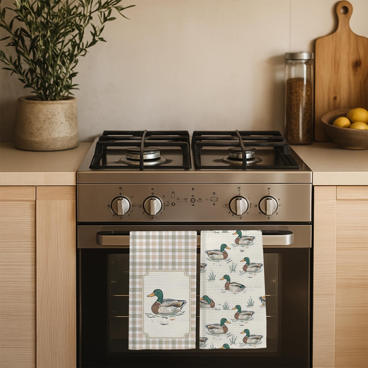 Toallas EKGJW pato mallard, detalle artesanal para cocina campestre.