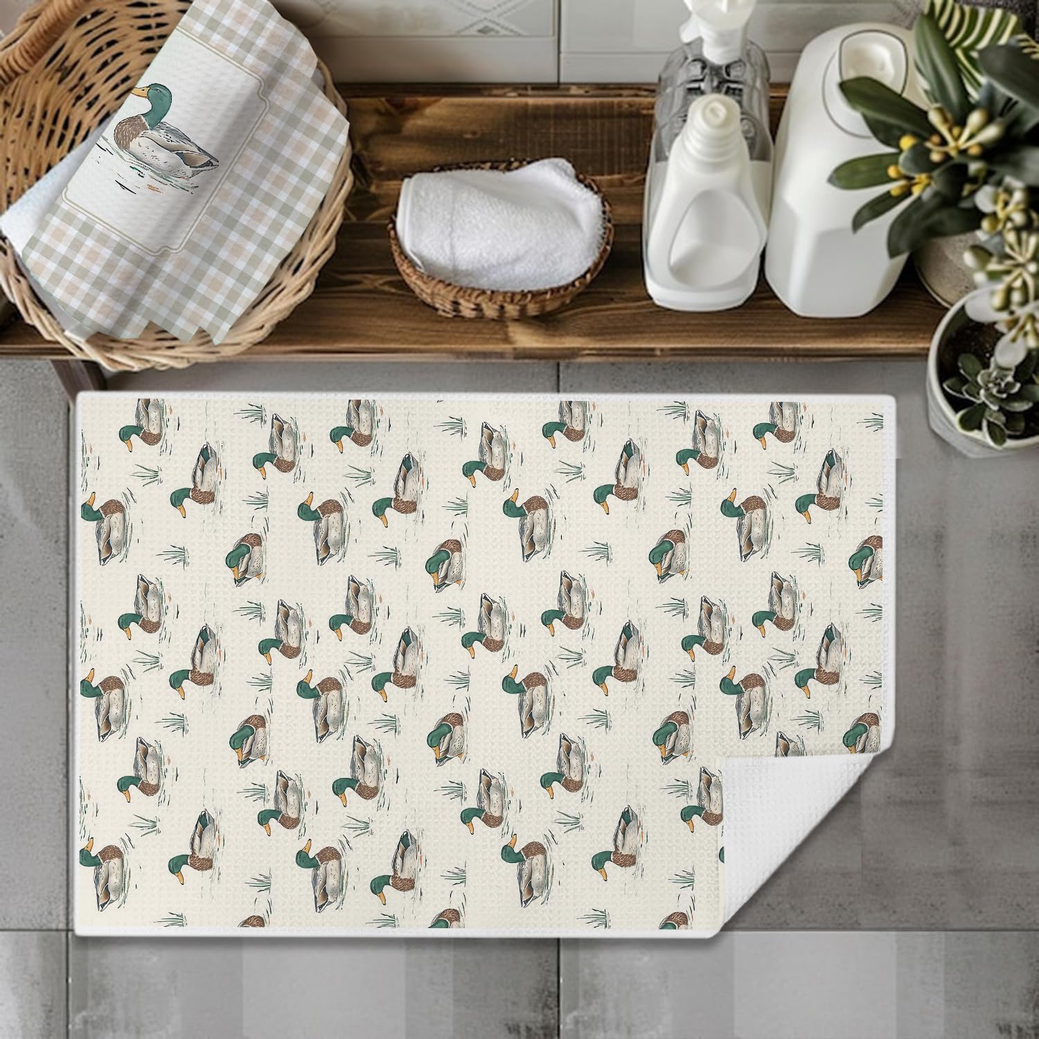 Toallas de cocina EKGJW con patrón de pato mallard y textura de cuadros suave.