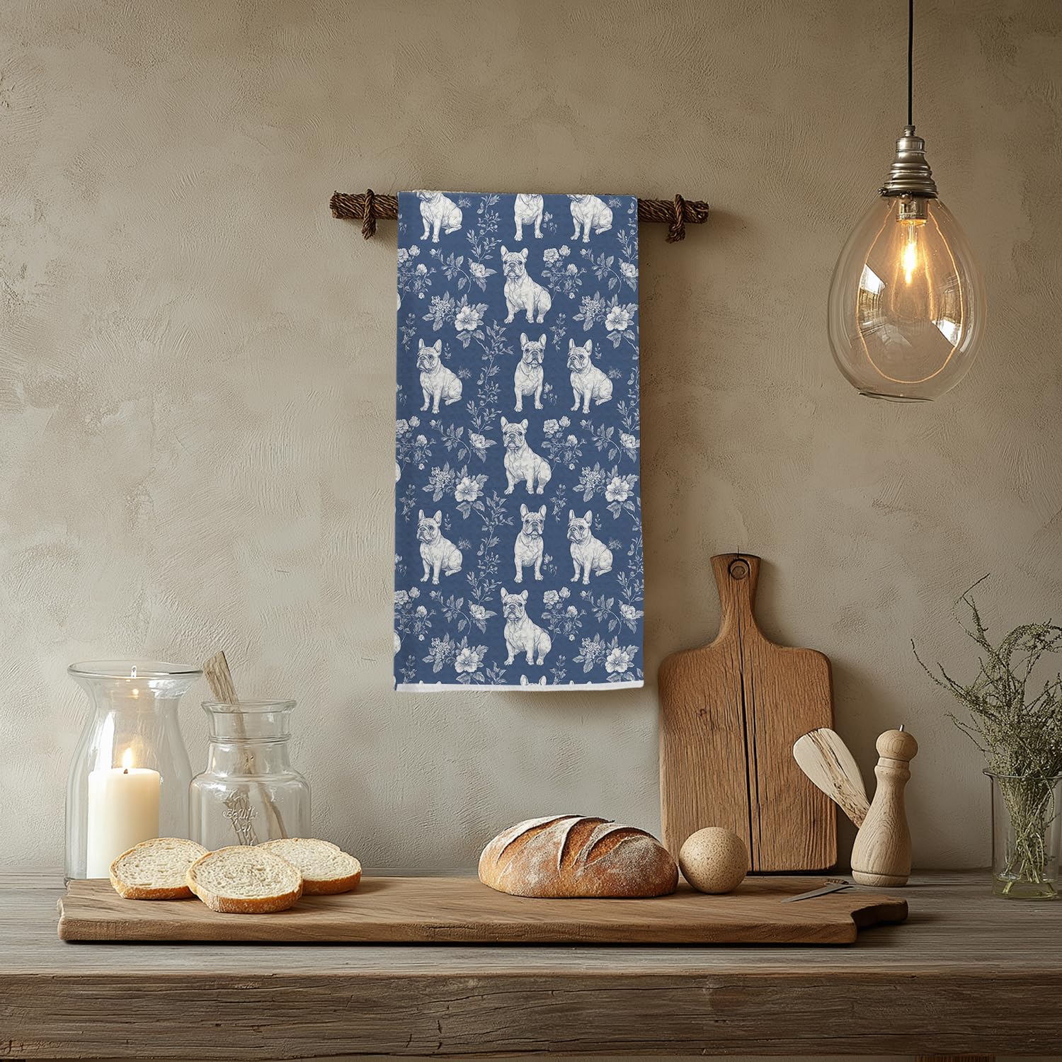 EKGJW toalla cocina bulldog azul con motivo floral, añade estilo
