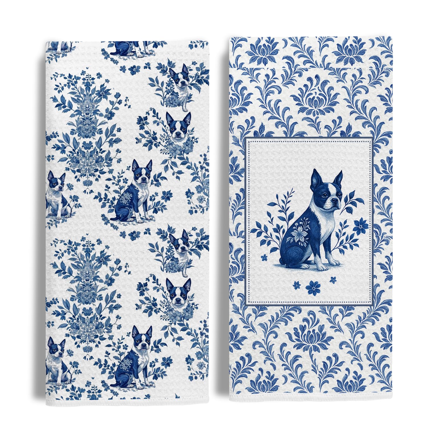 EKGJW toallas de cocina con Boston Terrier chinoiserie en azul, ideales para secar platos