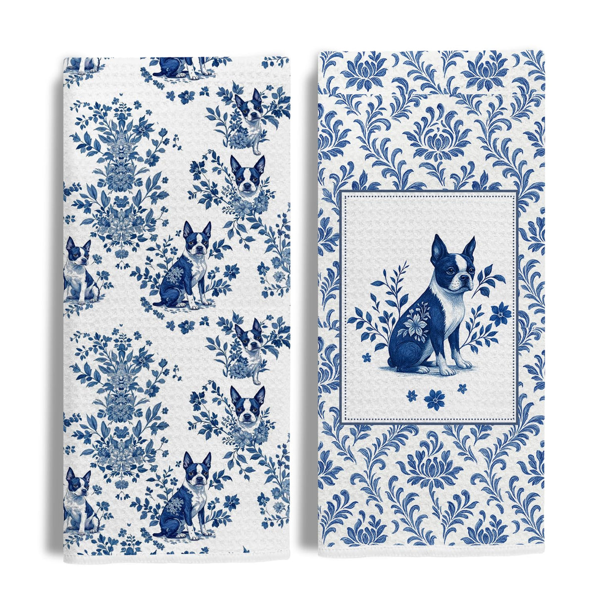 EKGJW toallas de cocina con Boston Terrier chinoiserie en azul, ideales para secar platos