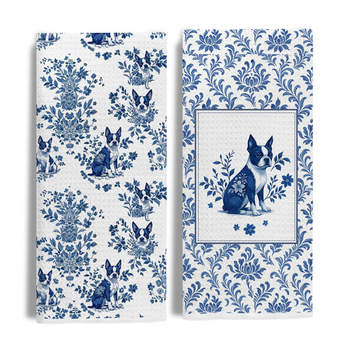 EKGJW toallas de cocina con Boston Terrier chinoiserie en azul, ideales para secar platos
