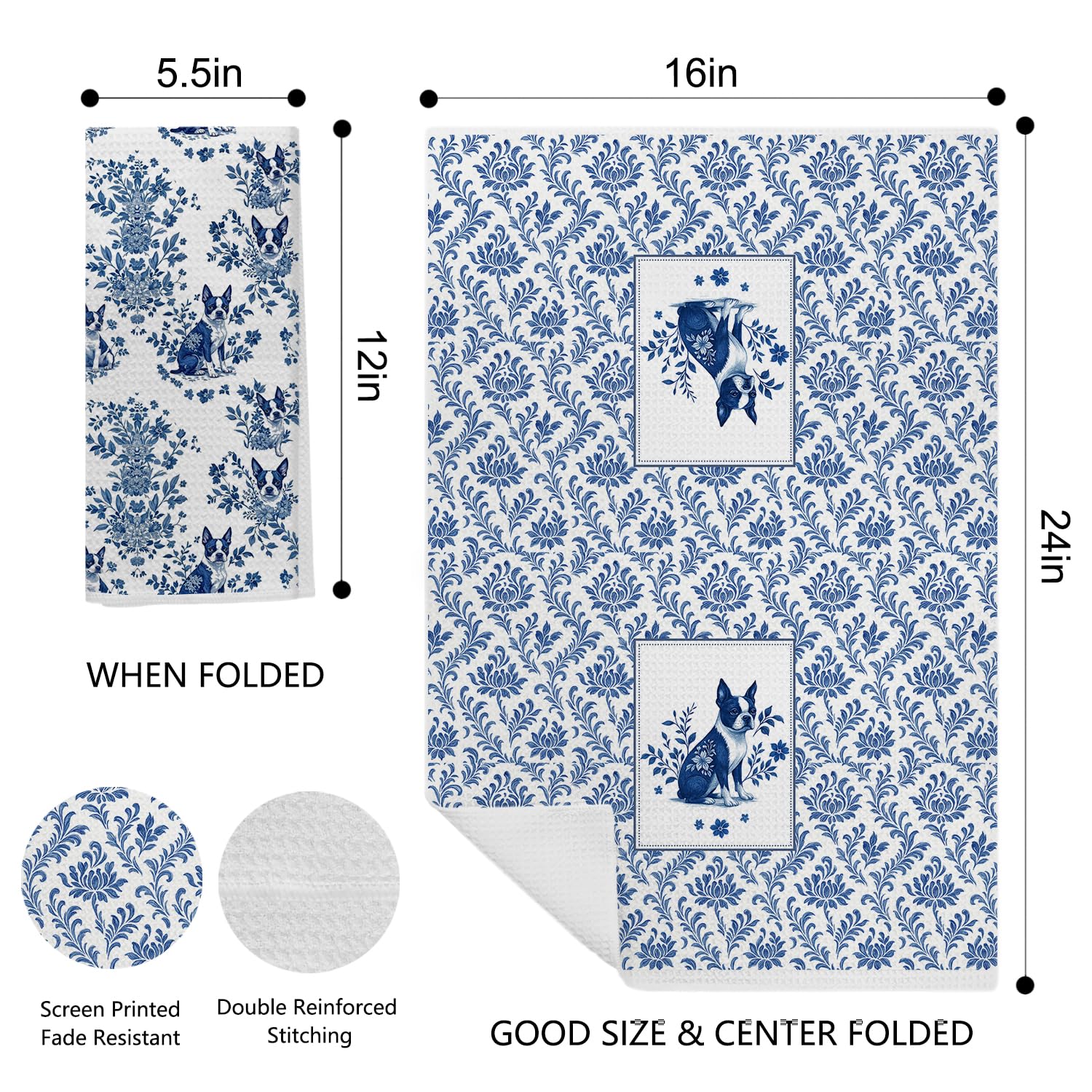 EKGJW toallas de mano con Boston Terrier chinoiserie azul y blanco, decoran y secan con estilo