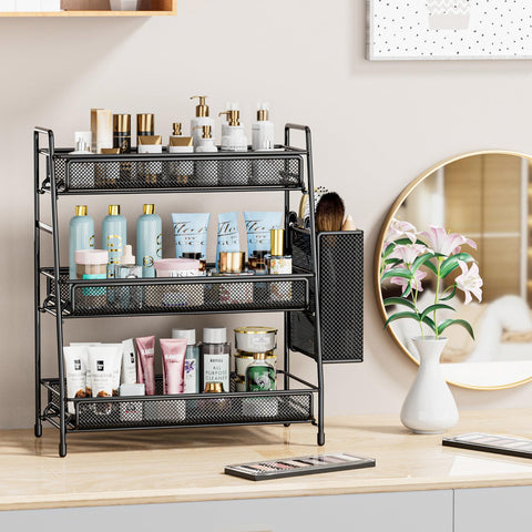 Organizador EKNITEY con cesta removible, vista lateral, facilita reorganizar artículos pequeños.