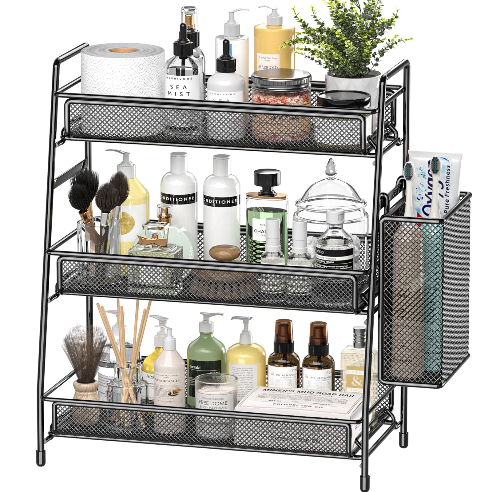Organizador EKNITEY de encimera 3 niveles, vista frontal, ideal para maximizar espacio en baño.