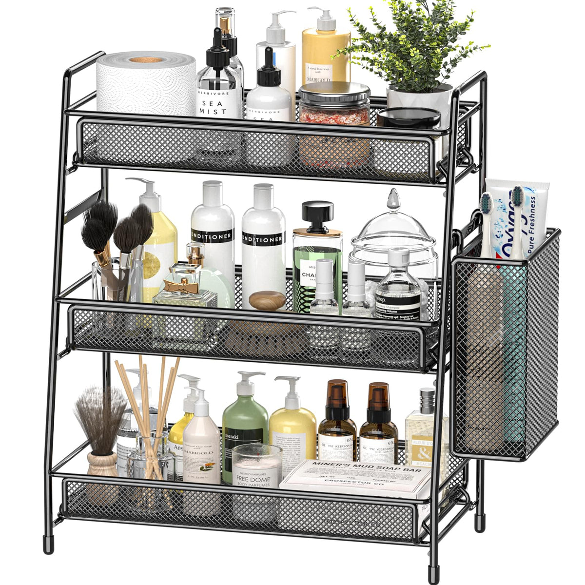 Organizador EKNITEY de encimera 3 niveles, vista frontal, ideal para maximizar espacio en baño.