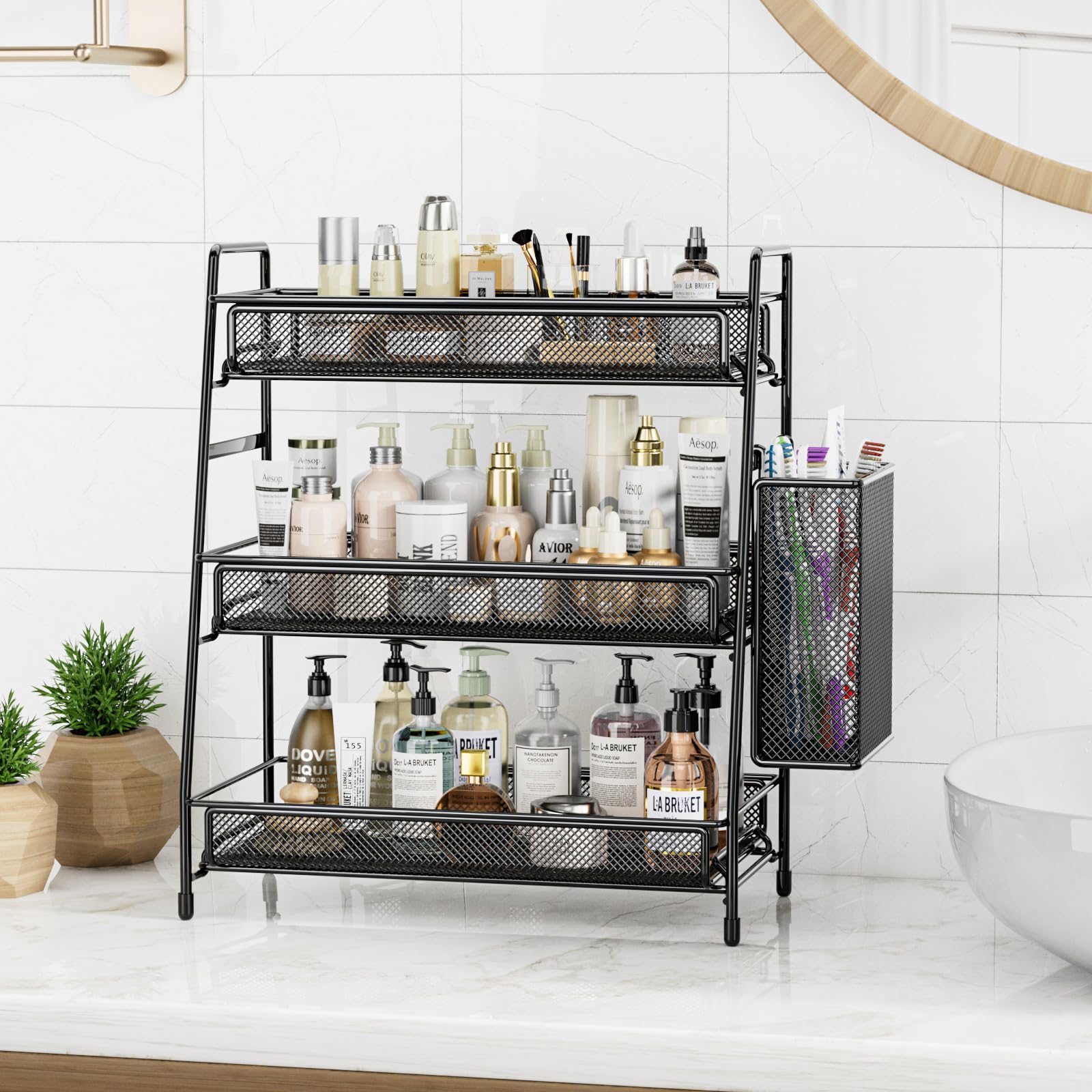Organizador EKNITEY de encimera 3 niveles, vista lateral, almacenamiento compacto para cocina.