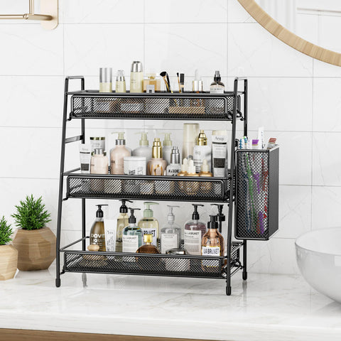Organizador EKNITEY de encimera 3 niveles, vista lateral, almacenamiento compacto para cocina.