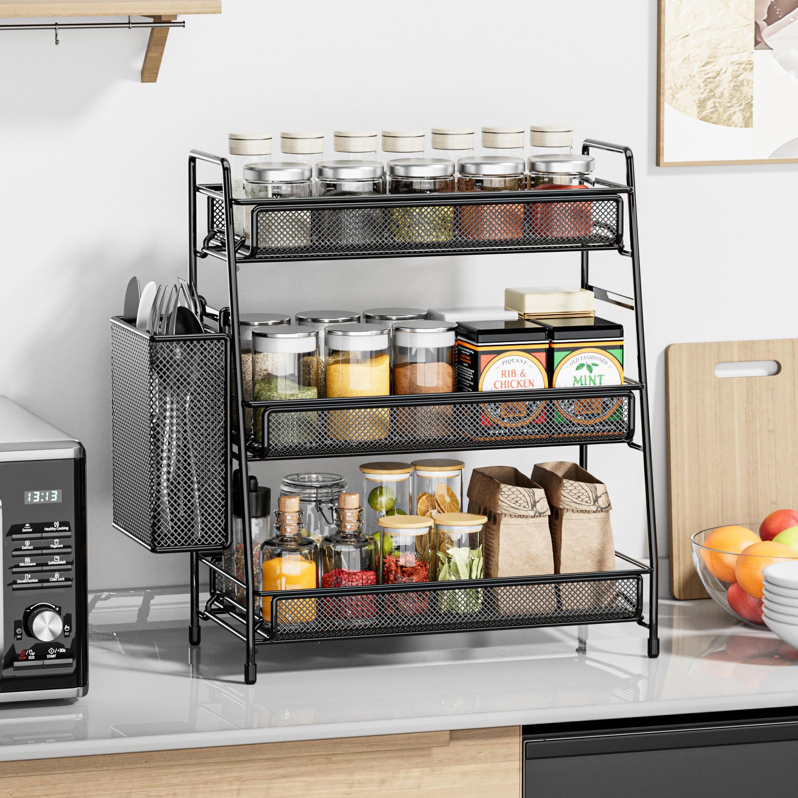 Organizador EKNITEY para uso en cocina, encimera ordenada y funcional.
