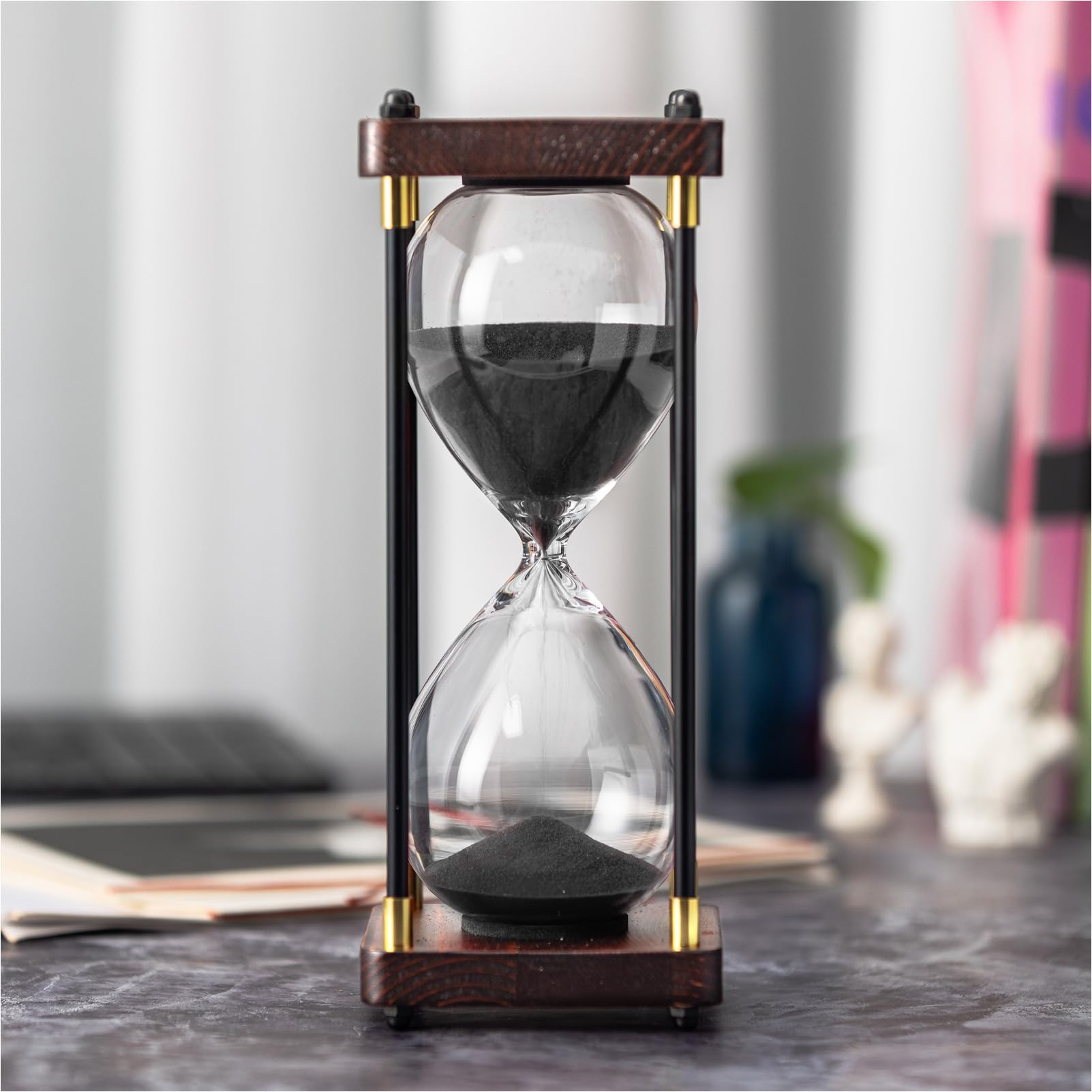 ElaineStore reloj de arena con pilares de metal, estilo contemporáneo para escritorio.